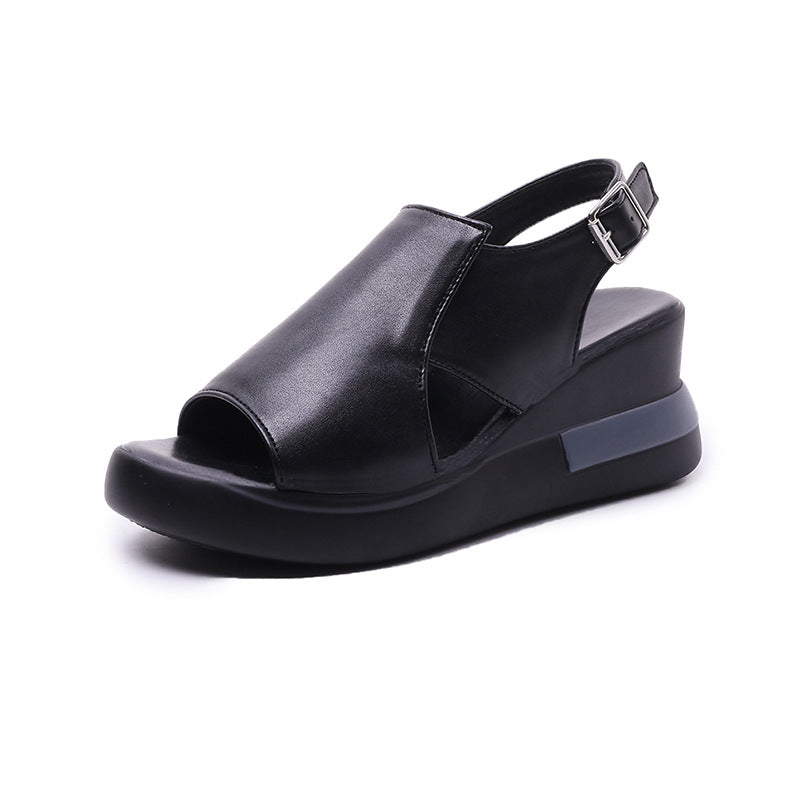 Wholesale Leather Thick Sole Slope Heel Sandals